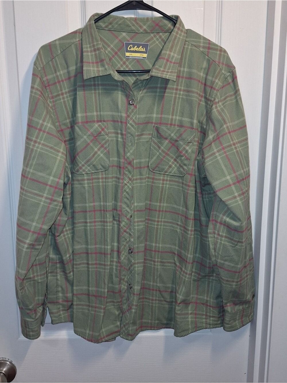 Cabelas Olive Green Plaid Button Up Shirt Burgundy Accents XXL